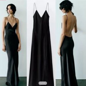 Zara XS Black Maxi Satin Backless Dress